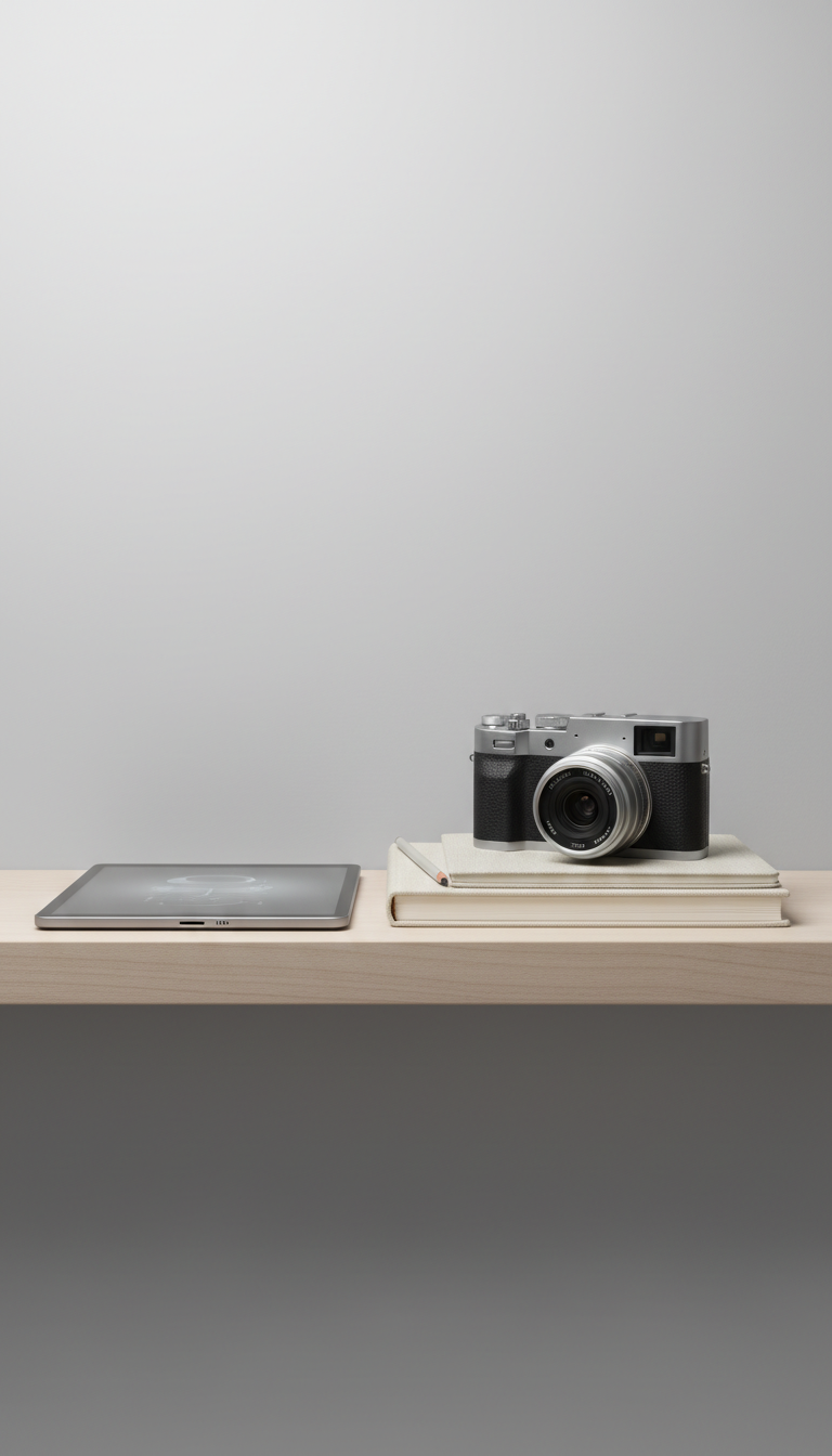 A selection of meticulously stacked multimedia objects—a thin slate-grey tablet with an etched glass surface, a muted silver camera, and a textured linen-bound sketchbook—neatly arranged atop a pale wood floating shelf against a softly gradient cloud-grey wall. Subtle, indirect ambient lighting creates understated glimmers on edges while enveloping the scene in a gentle glow. The composition uses the rule of thirds, emphasizing understated sophistication and refined detail. The overall atmosphere is calm and poised, aligning with the elegant, photographic, and minimalist style ideal for a creative process archive in a digital portfolio.
