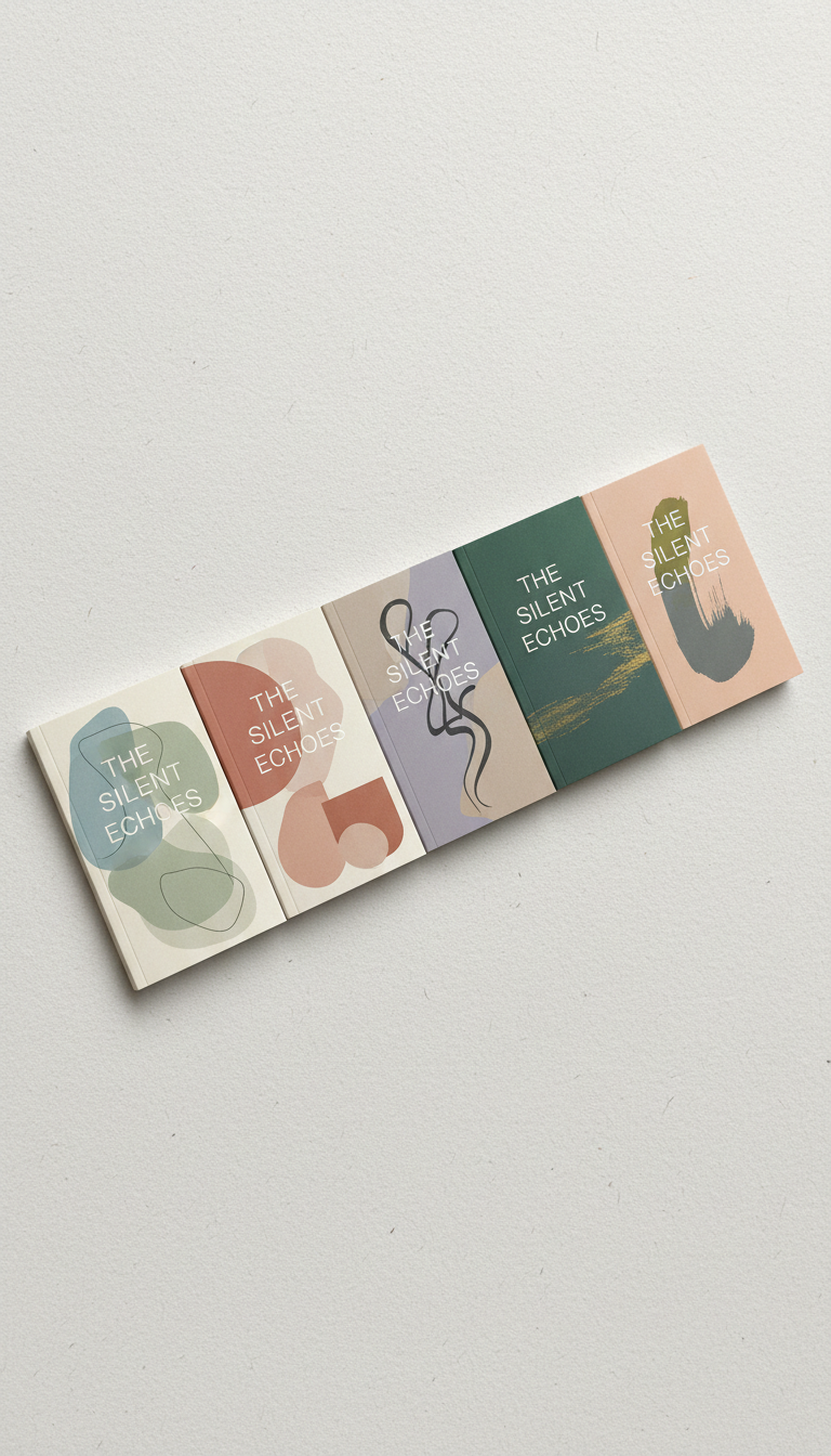 A serene flat lay of a book cover evolution series: five iterations of the same title, each with subtly different muted palettes and minimalist typography, spread sequentially on a textured light-grey handmade paper background. Refined gradient lighting from the top softly illuminates each cover, highlighting nuanced differences in design and material detail. Crisp, photographic focus runs across the image, with each book perfectly spaced for balance and harmony. The mood is reflective and elegant, lending a sense of artistic progression and creative exploration central to a narrative portfolio’s mission.