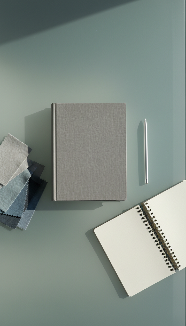 An immaculately arranged flat lay of a hardcover book in muted grey tones with a velvet-textured dust jacket, resting on a smooth, matte glass desk surface. Surrounding the book are minimalist metallic tools—a slim stylus, a spiral-bound notepad with creamy pages, and soft fabric swatches in subtle gradient hues. Gentle diffused daylight filters in from the left, creating refined highlights along the book spine and casting delicate, precise shadows. The mood is contemplative and sophisticated, evoking a sense of creative intent and timeless design. Captured from a directly overhead, symmetrical perspective with sharp focus on every element, reflecting photographic realism with an elegant minimalist aesthetic. Ideal for a multimedia portfolio homepage, suggesting thoughtful curation of creative works.