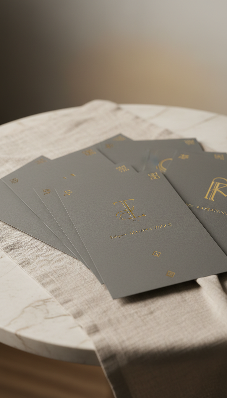 A refined, abstract vignette of a cluster of character dossiers: slim, matte grey folders with elegant gold debossed lettering, fanned out gracefully on a pale linen cloth over a gently marbled stone tabletop. Subtle softbox lighting spills across the scene, accentuating the sophisticated textures and creating gradual, velvety gradients in the background. The shot, taken from a slight angle, features a shallow depth of field, keeping the foreground dossier razor-sharp while the others blur into dreamy focus. The minimalist, photographic composition projects a sense of intrigue and narrative artistry, ideal for conveying depth and complexity in character development within a multimedia portfolio.