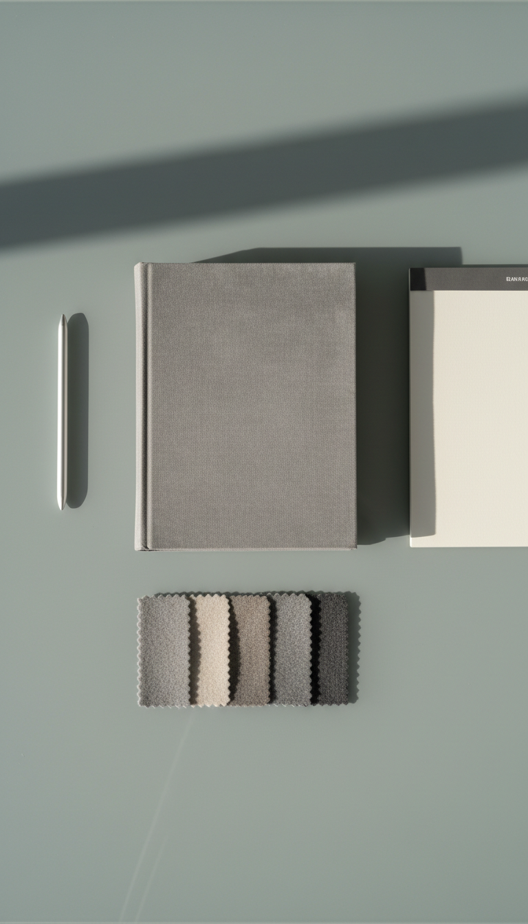An immaculately arranged flat lay of a hardcover book in muted grey tones with a velvet-textured dust jacket, resting on a smooth, matte glass desk surface. Surrounding the book are minimalist metallic tools—a slim stylus, a spiral-bound notepad with creamy pages, and soft fabric swatches in subtle gradient hues. Gentle diffused daylight filters in from the left, creating refined highlights along the book spine and casting delicate, precise shadows. The mood is contemplative and sophisticated, evoking a sense of creative intent and timeless design. Captured from a directly overhead, symmetrical perspective with sharp focus on every element, reflecting photographic realism with an elegant minimalist aesthetic. Ideal for a multimedia portfolio homepage, suggesting thoughtful curation of creative works.